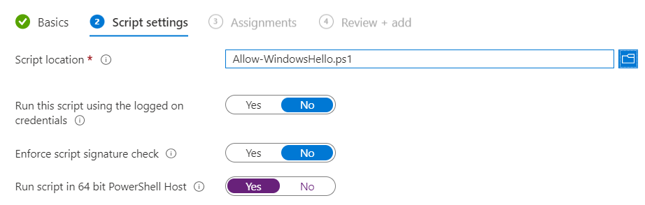 Adding and assigning PowerShell script to enable Windows Hello in Intune